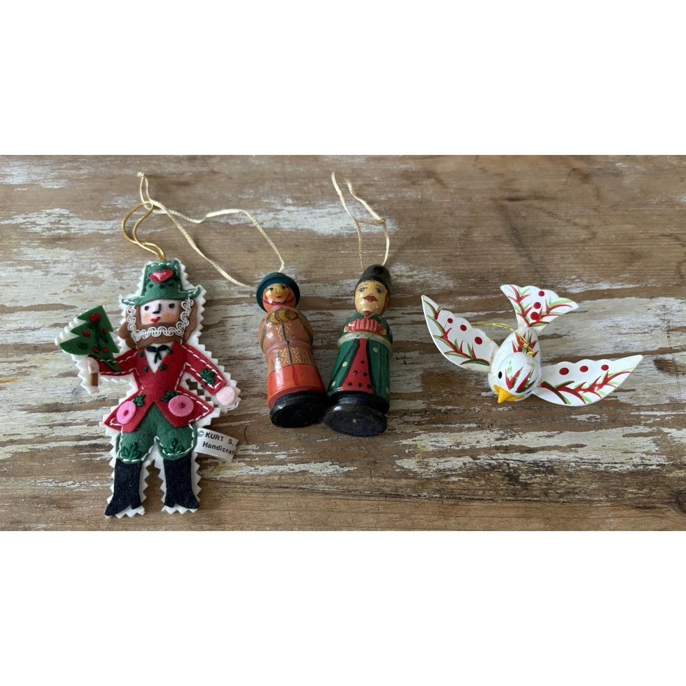 Vintage Christmas ornaments painted ethnic wood man + woman Kurt Adler bird